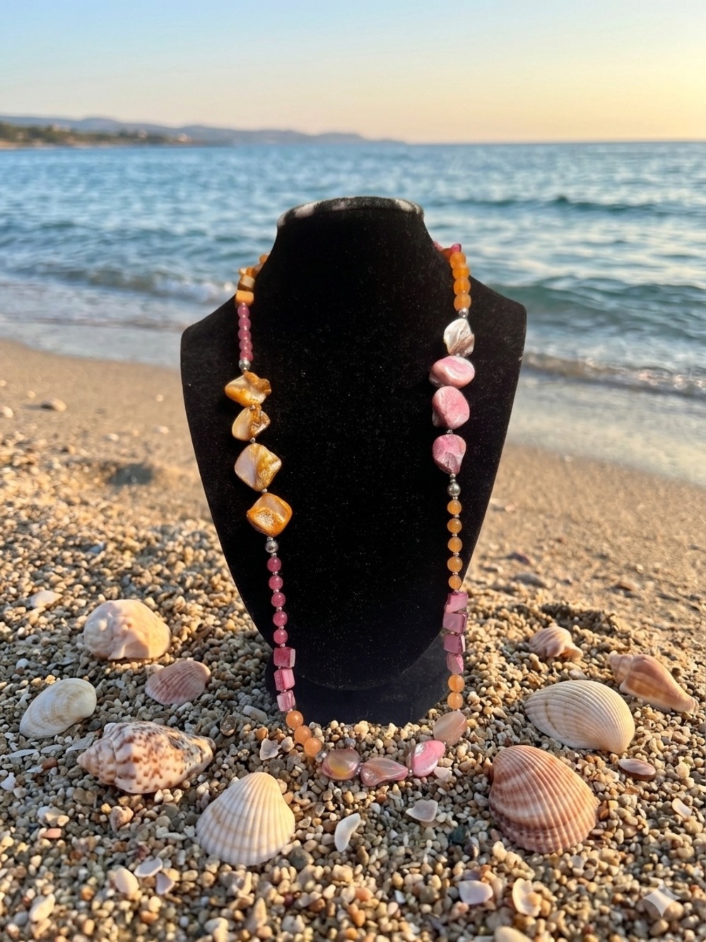 Handcrafted Pink & Amber Shell Bead Necklace — Women’s Beach-Inspired Jewelry